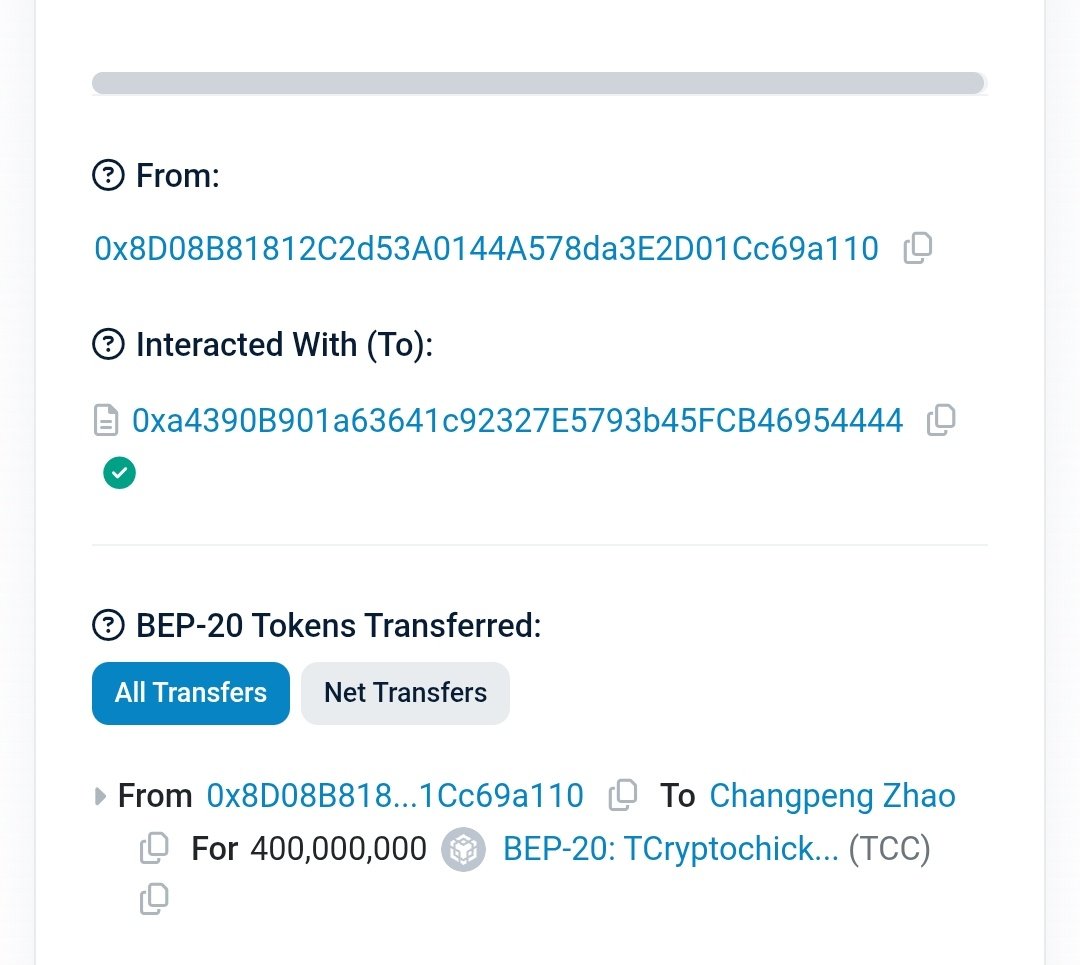 DEBULLIONX's tweet photo. 400,000,000 $TCC worth $8M sent to @cz_binance. Truthfully, @TCryptochicks is leading is right https://t.co/rxn0VLWstp