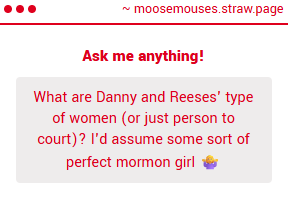 moosemouses's tweet photo. Hmm. I won't say too much because I don't want to limit them, y'know? Danny's a guy who values intelligence and someone who laughs at his jokes (or can tease him back). Reese always imagines an idealized person, but subconsciously he's drawn to people who are true to themselves https://t.co/R6PCSRaECm
