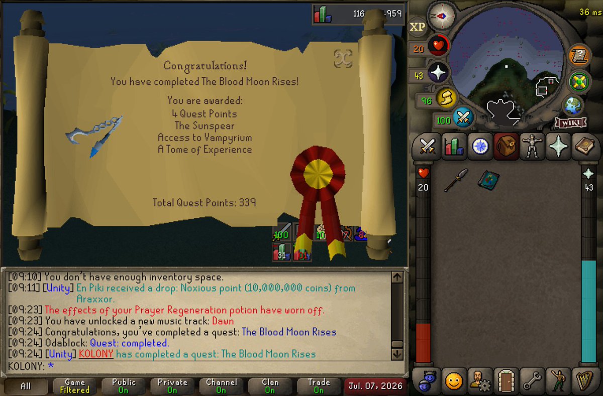 K0L0NY's tweet photo. Finally completed The Blood Moon Rises! 🌙⚔️

Time to put the Sunspear to good use and see what Vampyrium has to offer. One more quest crossed off the list. 🩸

#OSRS #OldSchoolRS #RuneScape https://t.co/SfiWHKBKyF