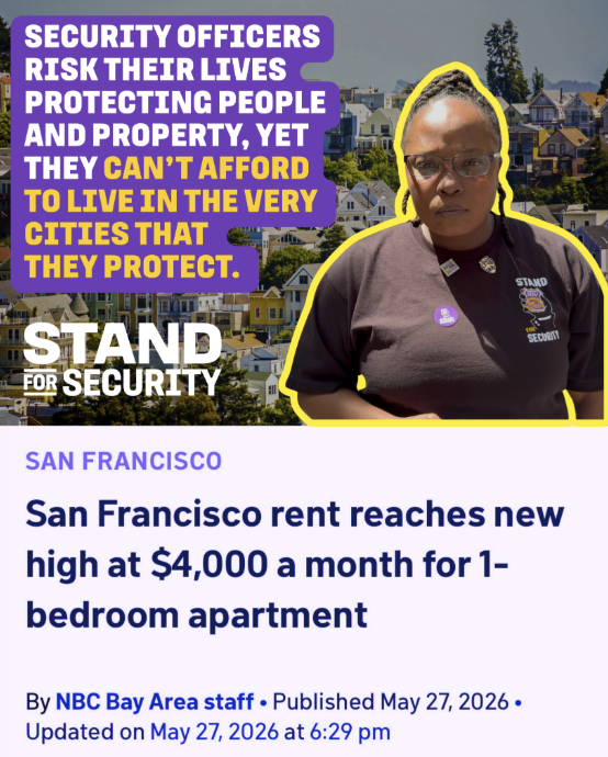 SEIU's tweet photo. Security officers can’t afford to live in many of the cities they work in. Something has to change. #StandForSecurity https://t.co/XAE2kI6bRx