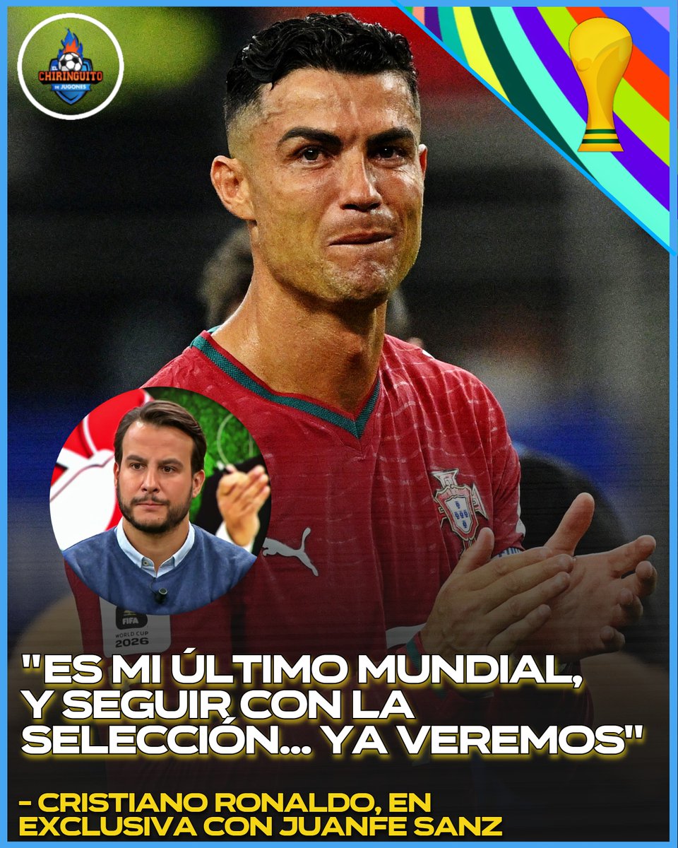 elchiringuitotv's tweet photo. ❌ "ES MI ÚLTIMO MUNDIAL" ❌

CRISTIANO RONALDO confirma con @JuanfeSanzPerez que no estará en más Mundiales...

... y deja su futuro en la selección en el aire. https://t.co/J3xWgNP7eV