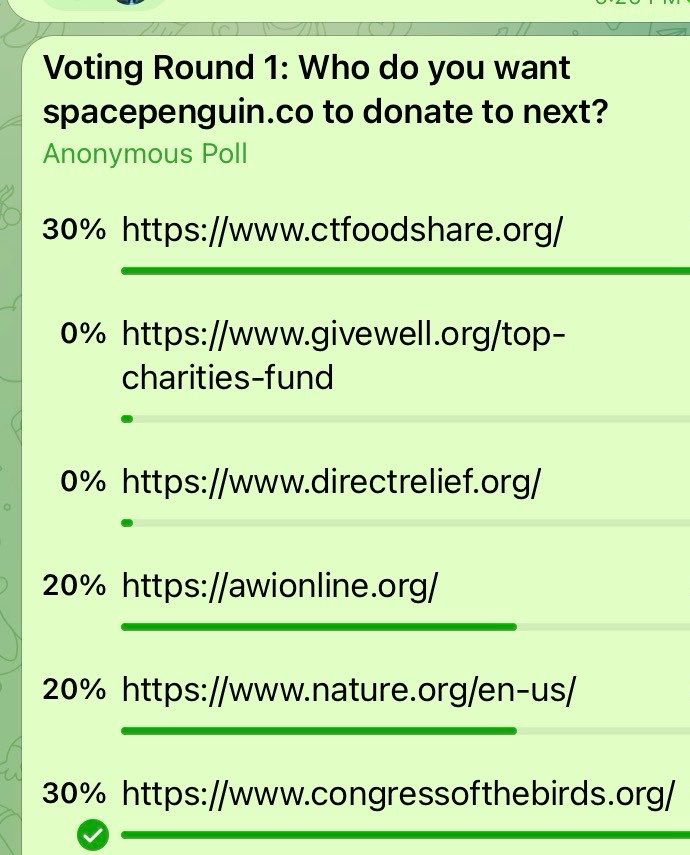 SPACE_P3NGUIN's tweet photo. Voting round 1 ends tomorrow 🗳️ 

We’re currently in a tie! Your vote could be the determining factor in the outcome🐧🩵 

Cast your vote in telegram!!!! ➡️  https://t.co/ij8Uaf6Who https://t.co/un1feGg9vM