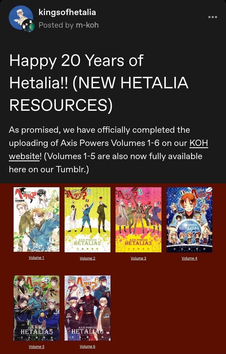 KeiksyCake's tweet photo. Happy 20 Years of Hetalia!! 🥳🥳 Please enjoy the latest resources organized by your beloved Kings of Hetalia ❤️ including all Axis Powers Volumes, and searchs lists for every chapter and episode of Hetalia 😘

More info here:
https://t.co/JzJclzuDIl

Your kings love you! https://t.co/TKKrfgysKw