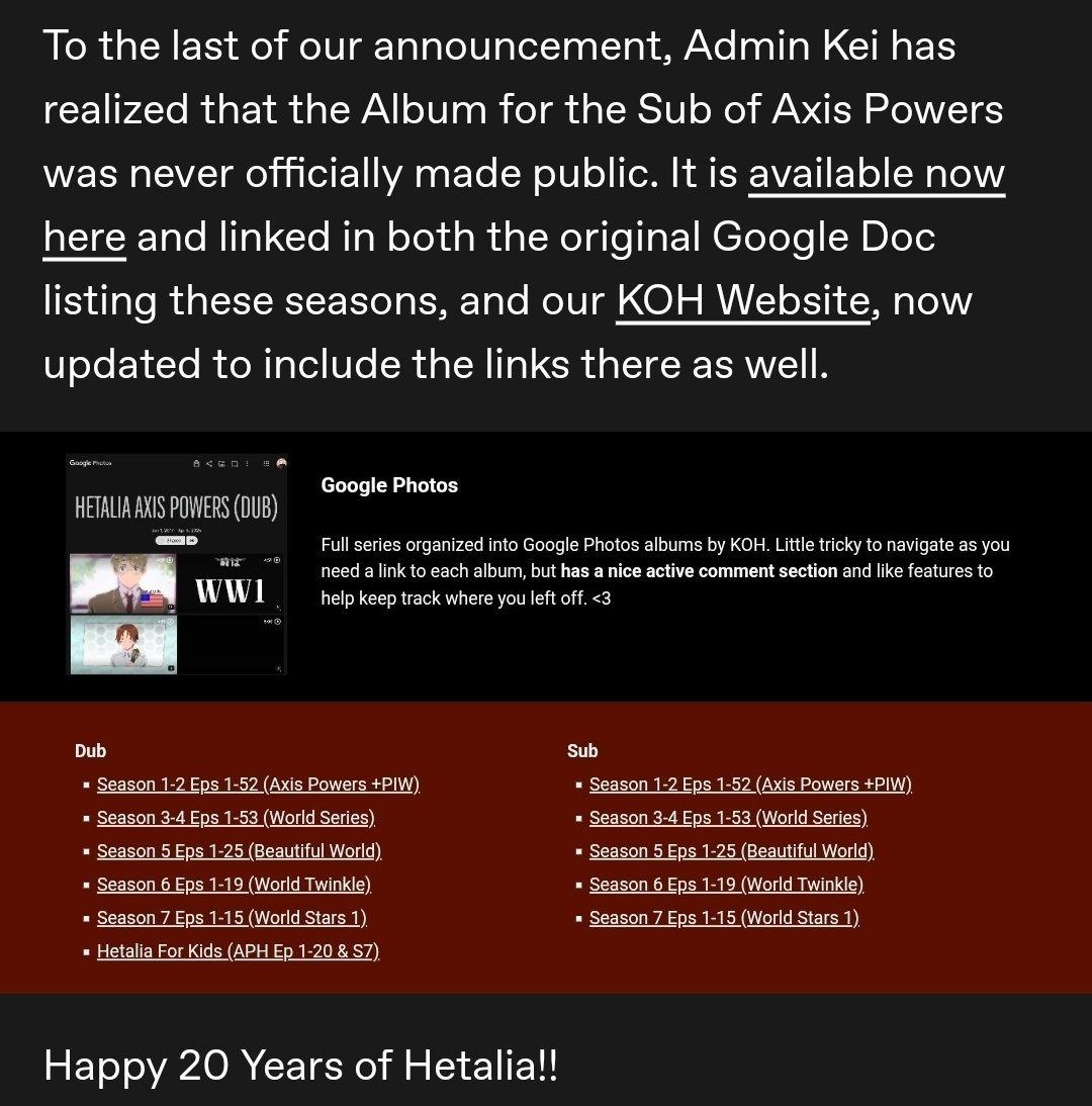 KeiksyCake's tweet photo. Happy 20 Years of Hetalia!! 🥳🥳 Please enjoy the latest resources organized by your beloved Kings of Hetalia ❤️ including all Axis Powers Volumes, and searchs lists for every chapter and episode of Hetalia 😘

More info here:
https://t.co/JzJclzuDIl

Your kings love you! https://t.co/TKKrfgysKw