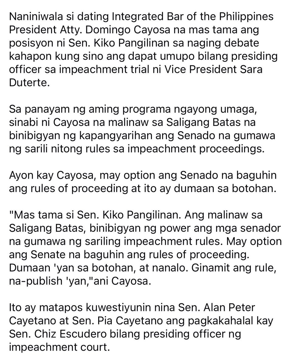 _djchacha's tweet photo. CAYOSA: "MAS TAMA SI SEN. KIKO PANGILINAN" SA ISYU NG PRESIDING OFFICER SA IMPEACHMENT TRIAL https://t.co/9Pzb1fMt7e