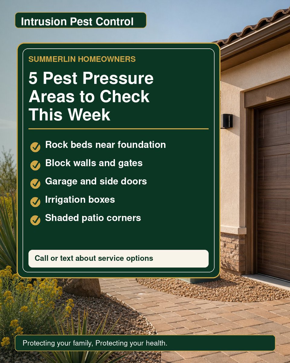 lvpestcontrol's tweet photo. Summerlin homeowners: after Wednesday's pest control guide, the quick checklist is rock beds, block walls, garage edges, irrigation boxes, patios, and shaded spots. If pests are showing up around your home, call or text Intrusion Pest Control about service options. https://t.co/28eMUcjA8c