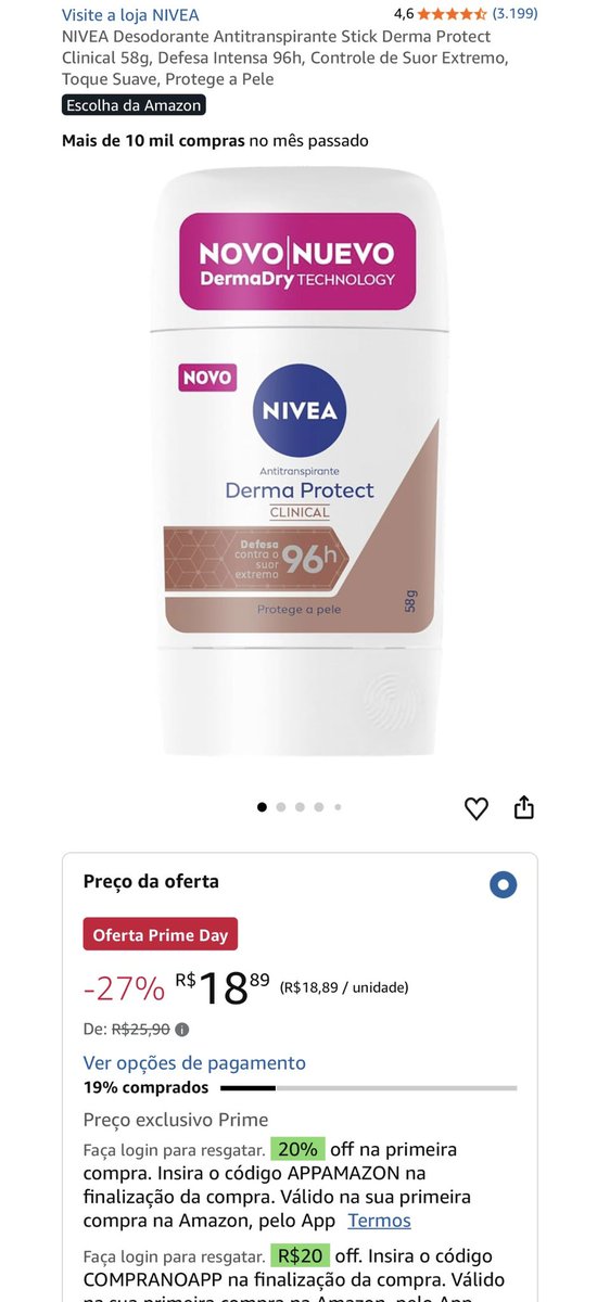 4nonim4_'s tweet photo. Oferta Prime Day‼️

NIVEA Desodorante Antitranspirante Stick Derma Protect Clinical 58g, Defesa Intensa 96h, Controle de Suor Extremo, Toque Suave, Protege a Pele
R$18,89

Compre aqui: https://t.co/UL3g44W80d https://t.co/TKMWBQ978m
