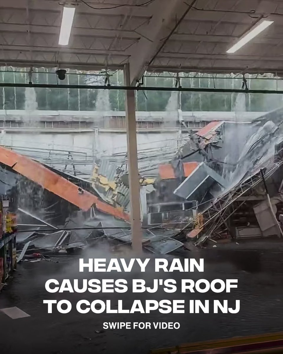 Complex's tweet photo. Thankfully no injuries were reported 🙏

A BJ’s Wholesale Club in New Jersey partially collapsed after relentless rain slammed the region Monday. Twenty seven people were inside when part of the roof gave way, with two briefly trapped before escaping safely. No injuries were reported as flooding and severe storms battered the Northeast.

[🎥: via/ NBCNews]