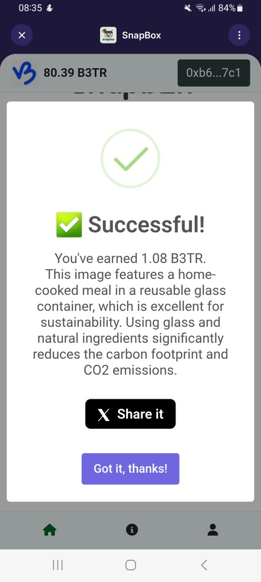 MyuraPhasu73047's tweet photo. Just earned 1.08 $B3TR thanks to SnapBox! πΈπ±π₯
Eat sustainably, get rewarded. Reduce your carbon footprint π
Want bigger rewards?
π³οΈ Vote SnapBox on VeBetterDAO!
More votes = Bigger impact πβ¨
#vechain #B3TR $VET #snapbox #vebetterdao @snapboxonlinee https://t.co/qZ4a7fA9Ew
