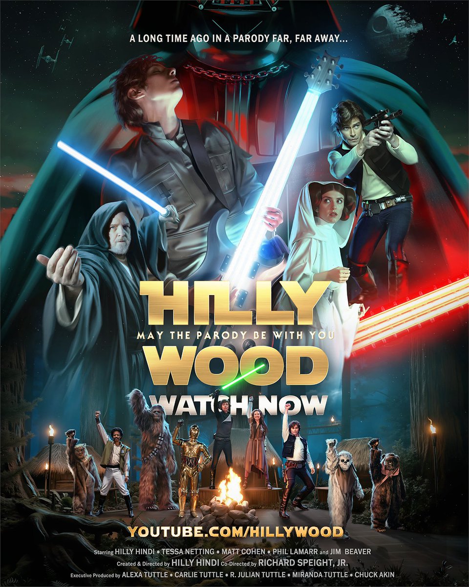 HillywoodShow's tweet photo. OFFICIAL POSTER: Celebrating the release of A #StarWarsParody by @HillywoodShow │ May The Parody Be With You. 🎸💫

▶️WATCH NOW: https://t.co/i0QIPrraxh

From Creator/Director @HillyHindi w/Co-Director @DickSp8jr & an out of this world Cast! #StarWars #MayTheParodyBeWithYou Artwork by: @BembiAnn
