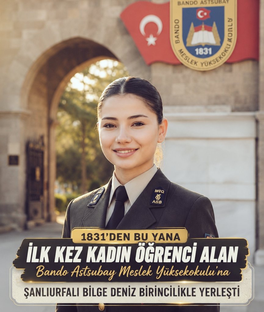 ogretmensitemiz's tweet photo. 1831'den bu yana ilk kez kadın öğrenci alan Bando Astsubay Meslek Yüksekokulu'na, Şanlıurfalı Bilge Deniz birincilikle yerleşti. https://t.co/m2AZi7uLBV