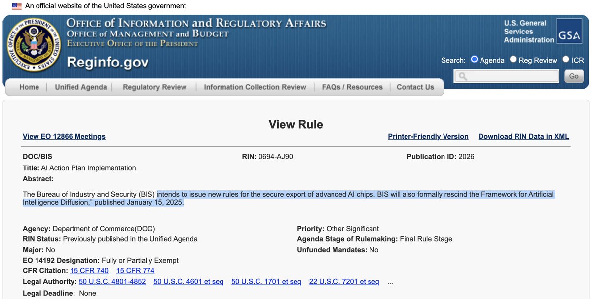 ohlennart's tweet photo. BIS finally plans to (1) formally rescind the Diffusion Framework and (2) issue new rules "for the secure export of advanced AI chips." https://t.co/kPmr8sTM4m