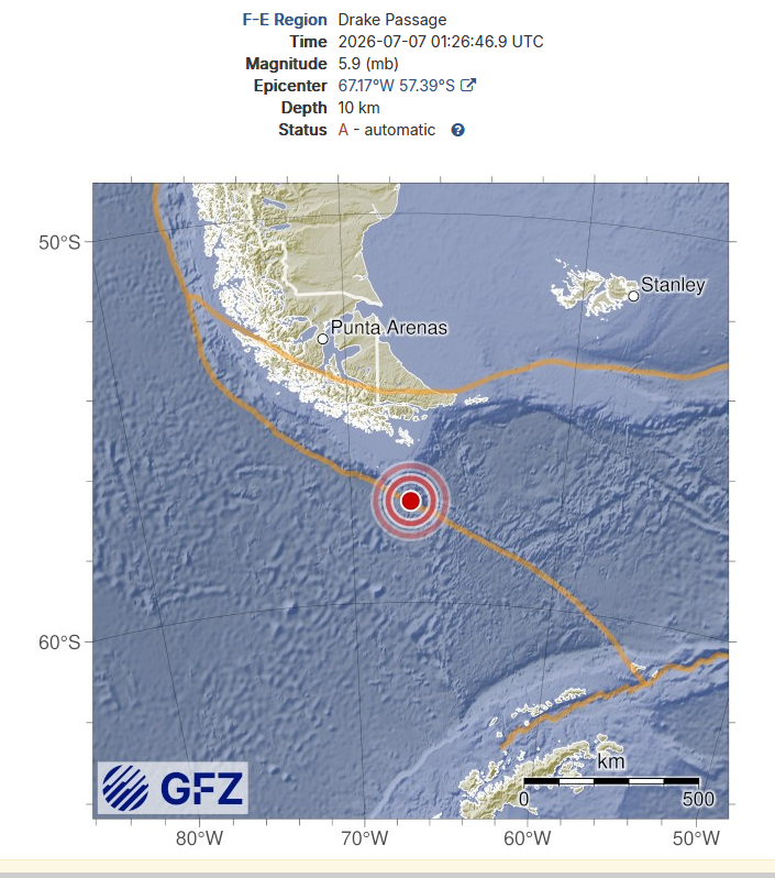 Geo_Risk's tweet photo. #sismo #temblor Magallanes, Mar de Drake
Solucion preliminar GFZ mb 5.9, prof. 10km
Placa Antártica y placa de Scotia juegando su propio proceso https://t.co/KGsBufOEfb