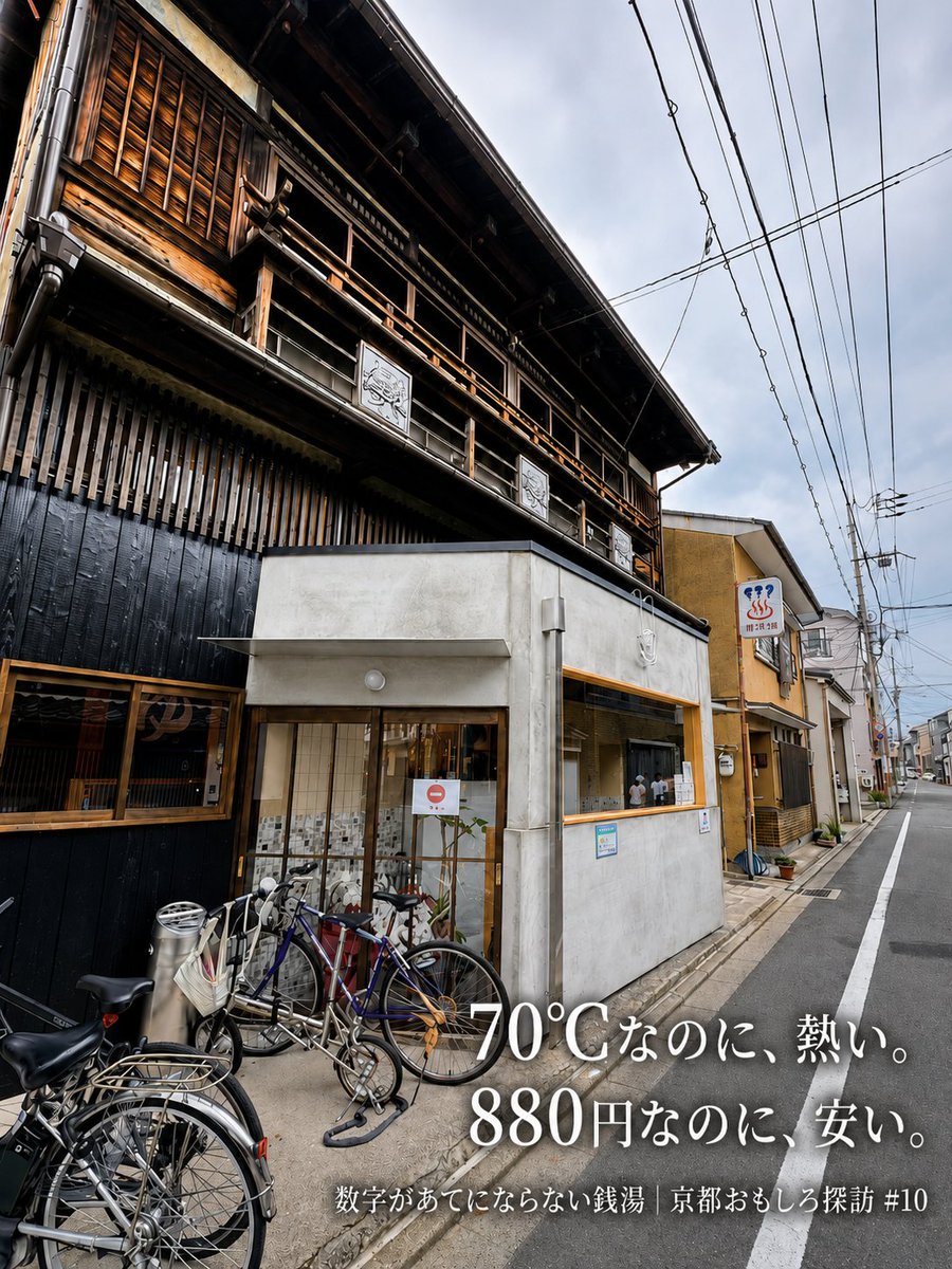 kayanosoto_solo's tweet photo. 京都では、廃業した銭湯が生き返ることがあります。

西陣の明司湯。昭和から続いた「明治湯」が一度廃業し、地元有志が引き継いで去年の夏に再生。外観は昔のまま、中の風呂とサウナだけ全部新しい。

サウナは70℃と低めなのに、湿度が高くて体感はずっと熱い。値段は550円が相場の京都で880円なのに、出るころには安く感じる。

温度も値段も、数字があてにならない銭湯だと思います。

#京都 #銭湯 #京都おもしろ探訪
