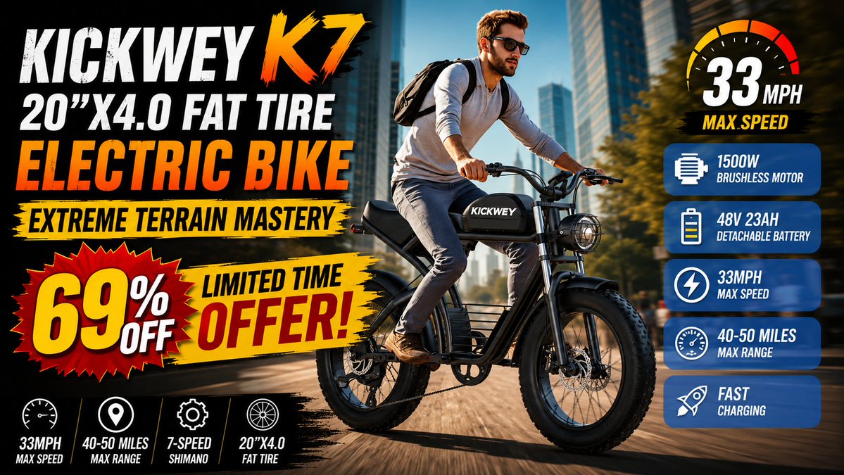 SultanaSheli's tweet photo. Kickwey K7 Electric bike 1500W Motor 48V 23AH Adult Electric bicycle 20 Inch Fat Tire 32MPH 7-Speed 
👍👍Buy now: https://t.co/GaFKISPgwX
🔥 Discount: 69% 🔥
https://t.co/340uxLAoo5

#electric_bike #electric_bicycle #folding_bicycle #bike #mountain_bike #cycling #ebike #bicycle https://t.co/wVT3Lex2LJ