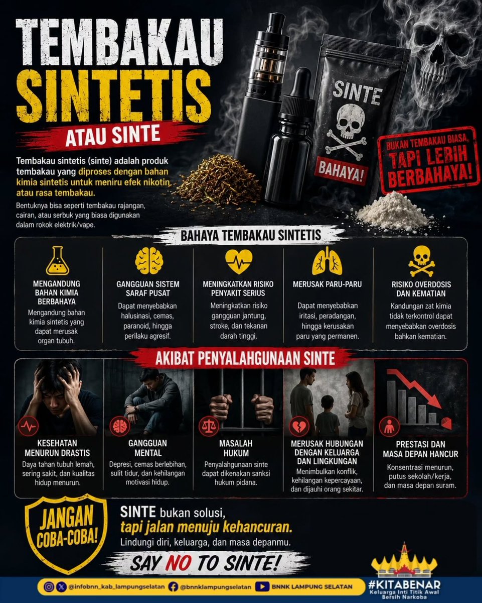 Infobnnklamsel's tweet photo. Get @reshare_app • @infobnn_kab_lampungselatan 🚫 Jangan Terkecoh Tembakau Sintetis (Sinte)!

Sinte bukan tembakau biasa. Kandungan zat sintetis di dalamnya dapat memicu halusinasi, gangguan mental, kerusakan organ, hingga berisiko menyebabkan kematian. https://t.co/9ZKBx92gkE