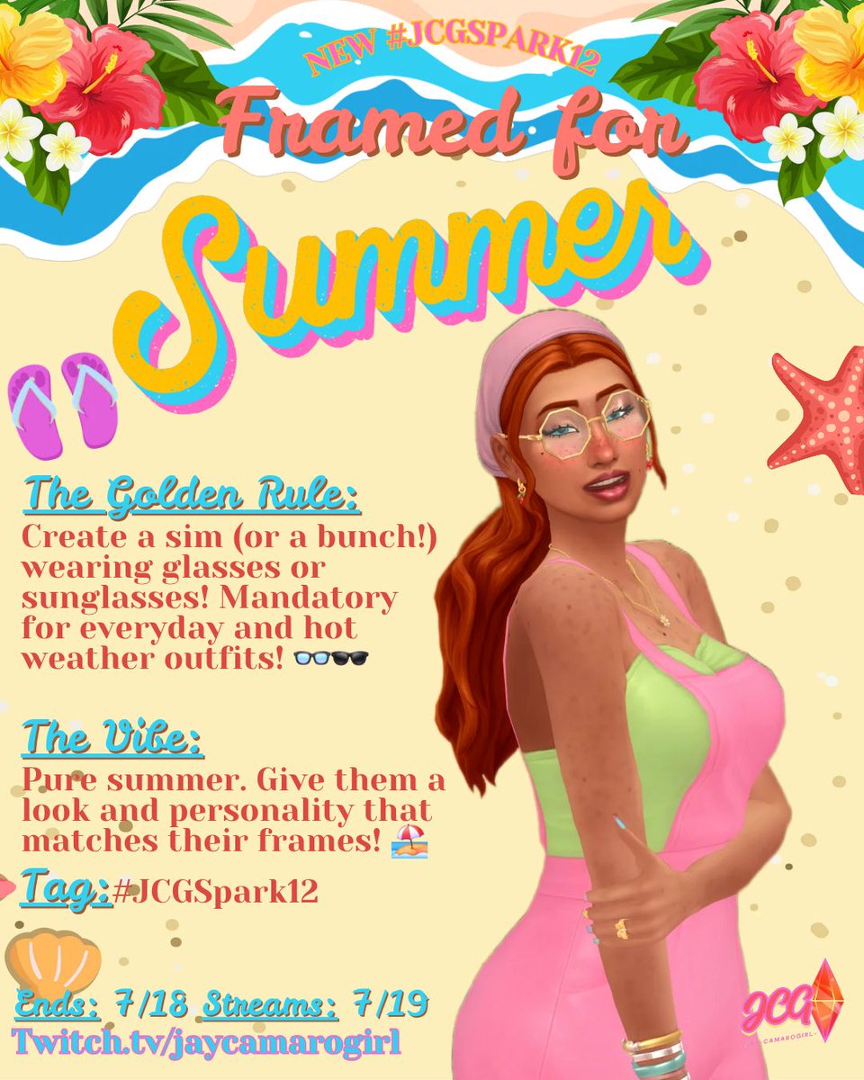 JayCamaroGirl's tweet photo. Time for peak summer vibes! ☀️🕶️👓
JCGSpark12 is live! Give me your best sun-kissed, summery, spectacled Sims.✨️
Tag: #JCGSpark12
Ends: 7/18
Streams: 7/19
#TheSims4 #TheSims #TS4 #JCGSpark #JCGSpark12 #simsbyjcg #ShowUsYourSims #CASchallenge #sims4caschallenge https://t.co/18c3Aisryp