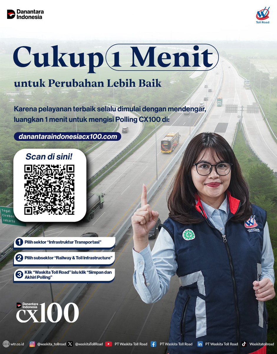 WaskitaTollRoad's tweet photo. Kami berupaya menghadirkan pengalaman berkendara yang lebih aman dan nyaman. Mulai dari fasilitas rest area yang nyaman hingga layanan operasional yang selalu siaga, semua kami hadirkan agar perjalanan Anda semakin tenang.

Kini, kami ingin mendengar langsung pengalaman Anda. https://t.co/aWNtMie3H8