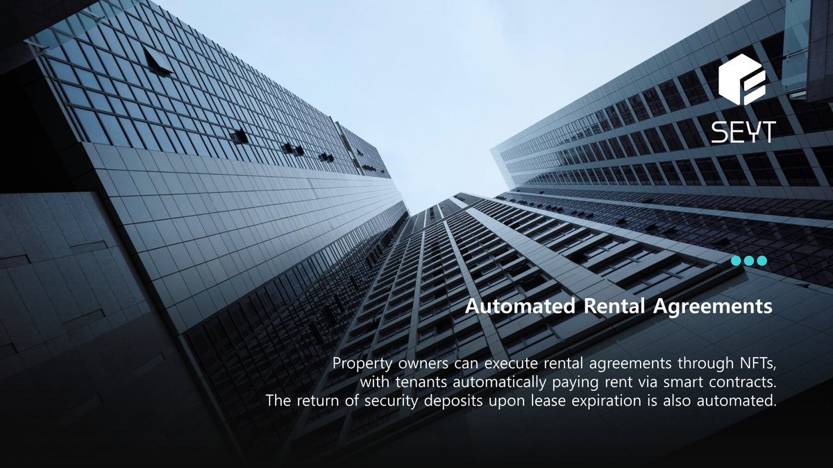 SEYT_Official's tweet photo. Automated Rental Agreements🏠⚡️

Property owners can execute rental agreements through NFTs, with tenants automatically paying rent via smart contracts. The return of security deposits upon lease expiration is also automated.

#SEYT https://t.co/Qxp9fcI6g0