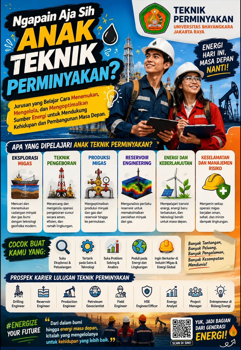 e_prasetio2003's tweet photo. Ingin punya karir global di industri energi yang prestisius? Mulai langkahmu dari Teknik Perminyakan Universitas Bhayangkara Jakarta Raya. Pendaftaran mahasiswa baru masih dibuka, jangan sampai kelewatan! 🎟️🚀 #DaftarUbhara #TeknikPerminyakan #FutureLeader https://t.co/sbLY57rTby