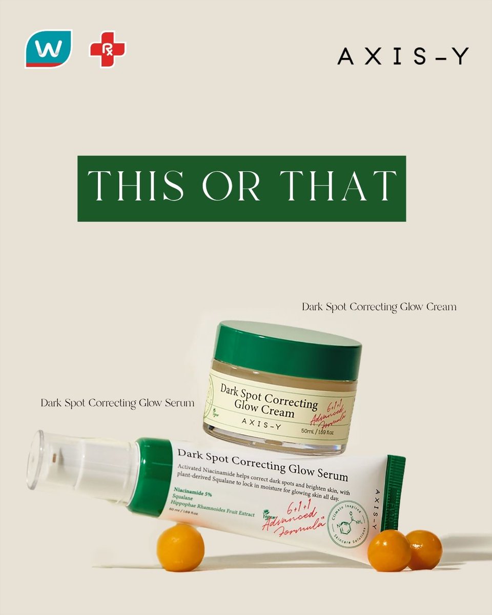 WatsonsPH's tweet photo. ⚡ AXIS-Y THIS OR THAT?
✨ Dark Spot Correcting Glow Serum
OR
💚 Dark Spot Correcting Glow Cream
Which one is your skincare favorite?
Comment SERUM or CREAM!
#AXISY #WATSONSPH #ASWatsons185 #COMMALAXPH https://t.co/jkih5CdstO
