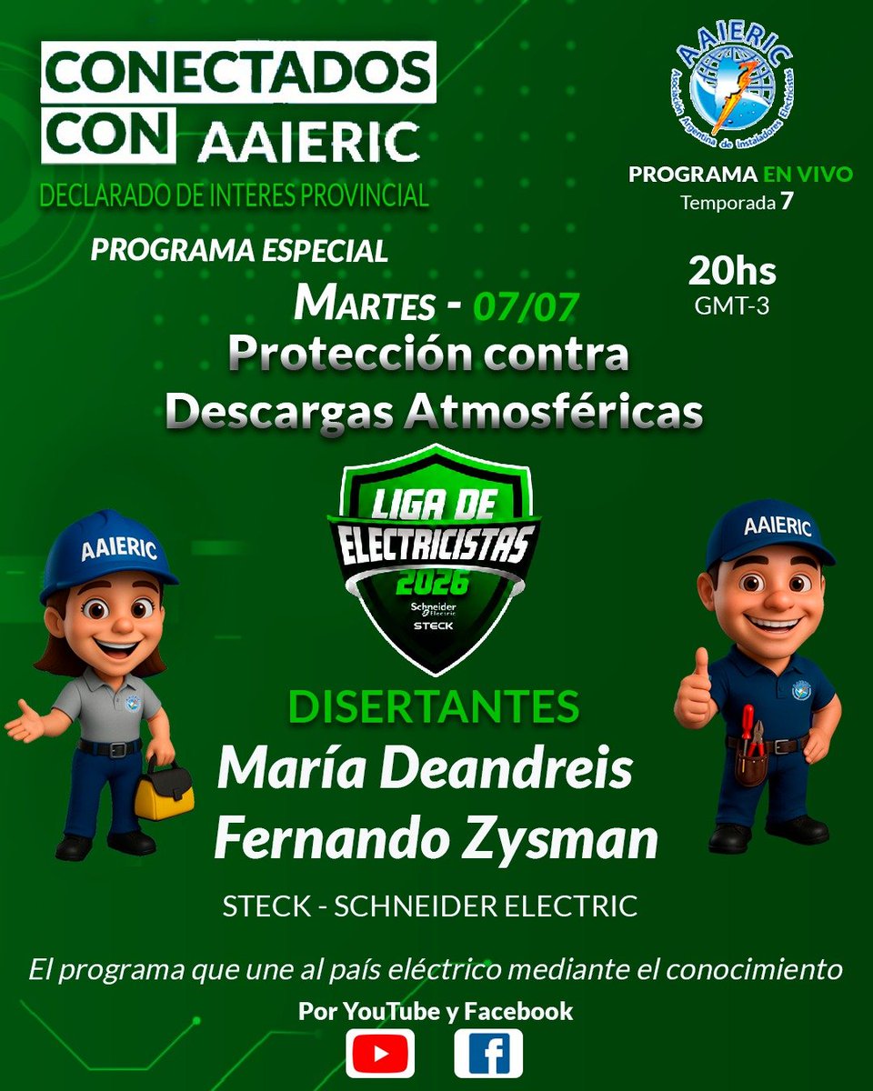 aaieric's tweet photo. Conectados con AAIERIC Programa Especial Liga de Electricistas, Martes 7/7/2026 20 hs. Protección contra Descargas Atmosféricas Con María Deandreis y Fernando Zysman de STECK - Schneider Electric
YouTube:
https://t.co/IEtliCSaAd
FaceBook:
https://t.co/y92XTB8rV9 https://t.co/UPFoP8pObG