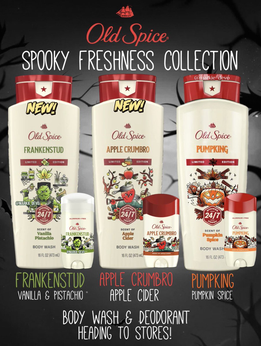 markie_devo's tweet photo. It’s Frankenstud for me!🧌😄

Old Spice Spooky Freshness Collection!

-NEW Frankenstud::Vanilla & Pistachio
-NEW Apple Crumbro::Apple Cider 
-Pumpking::Pumpkin Spice 

📝The scents come in body wash & deodorant.  
🛒Heading to stores that carry the brand. Some were spotted at Target. 

(News/Image::Old Spice)

Thoughts👇🏻