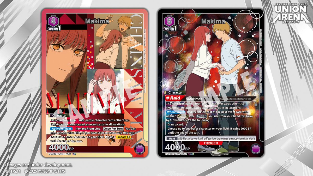 UA_EN_TCG's tweet photo. [Card Reveals]
Check out these cards in the CHAINSAW MAN [UE22BT] Booster Pack, coming Jul. 31! 👀

➡️ Makima - R★
➡️ Makima - SR★ 

Product details here! 👇
https://t.co/erzZUB00SR

#UNIONARENA_EN
#CHAINSAWMAN https://t.co/HcMs8fkdAE