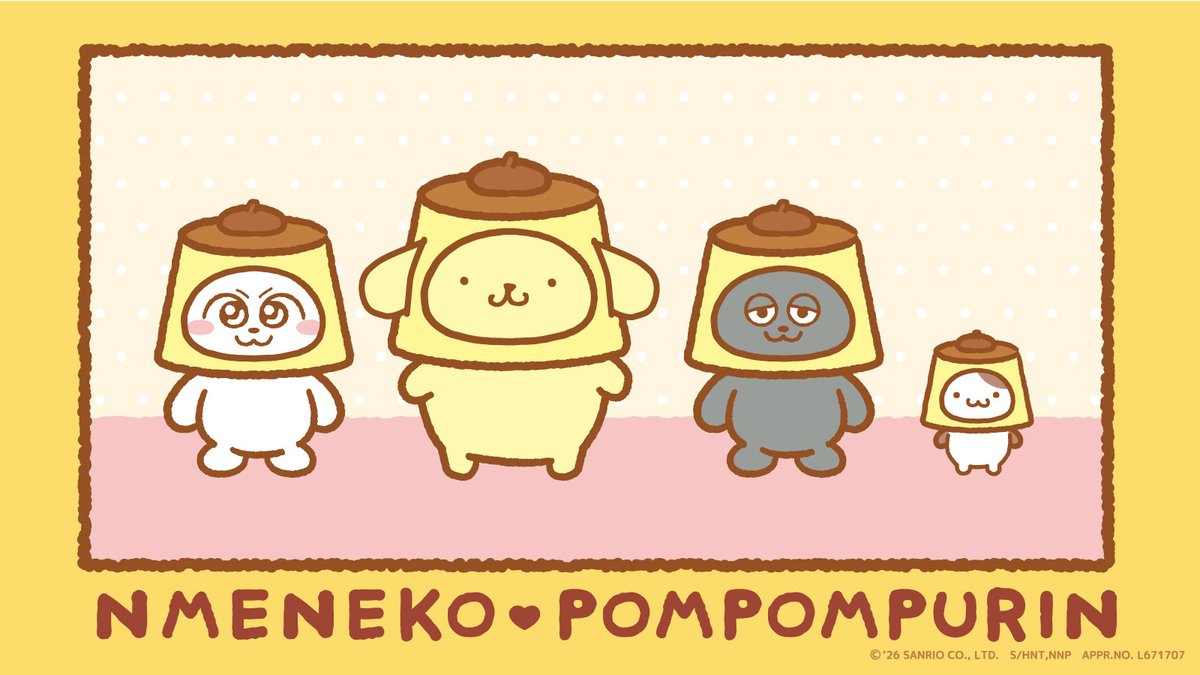 nmeneko_goods's tweet photo. 🍮ンめねこ×ポムポムプリン🍮

今年デビュー30周年のポムポムプリンと #ンめねこ のコラボキービジュアル✨

みんなでプリンの被り物をしているところがとってもキュート！

☆ˊˎ˗━━━━━…‥・
 「ンめねこ×サンリオキャラクターズ POPUP STORE」
場所：キデイランド12店舗
原宿店
光が丘店
新宿店
ららぽーと富士見店
名古屋パルコ店
大阪梅田店
京都四条河原町店
心斎橋パルコ店
広島パルコ店
福岡パルコ店
アミュプラザくまもと店
金沢フォーラス店