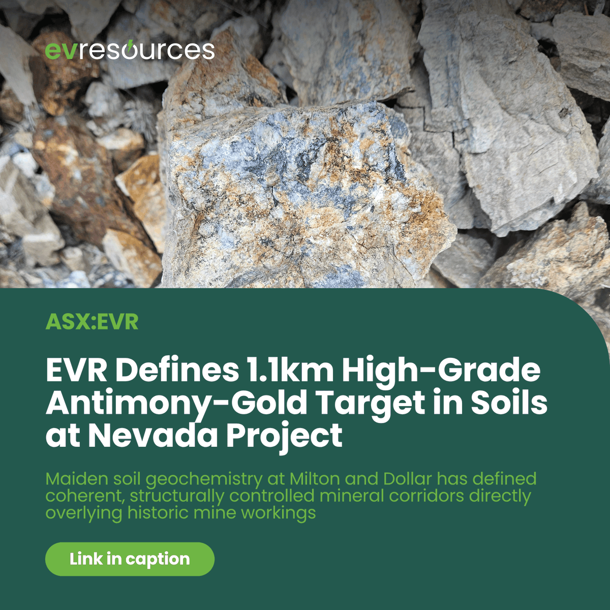 EVResources_EVR's tweet photo. #EVR has confirmed two structurally controlled mineral systems at our Nevada projects.

* 1,100m-long Au-As-Sb corridor at Milton
* High-grade system up to 0.415ppm Au &amp; 2,080ppm Sb at Dollar

Full announcement: https://t.co/dN6mfgt5Fg

#ASXNews #USAntimony #USCriticalMinerals https://t.co/DlFYcfN77D