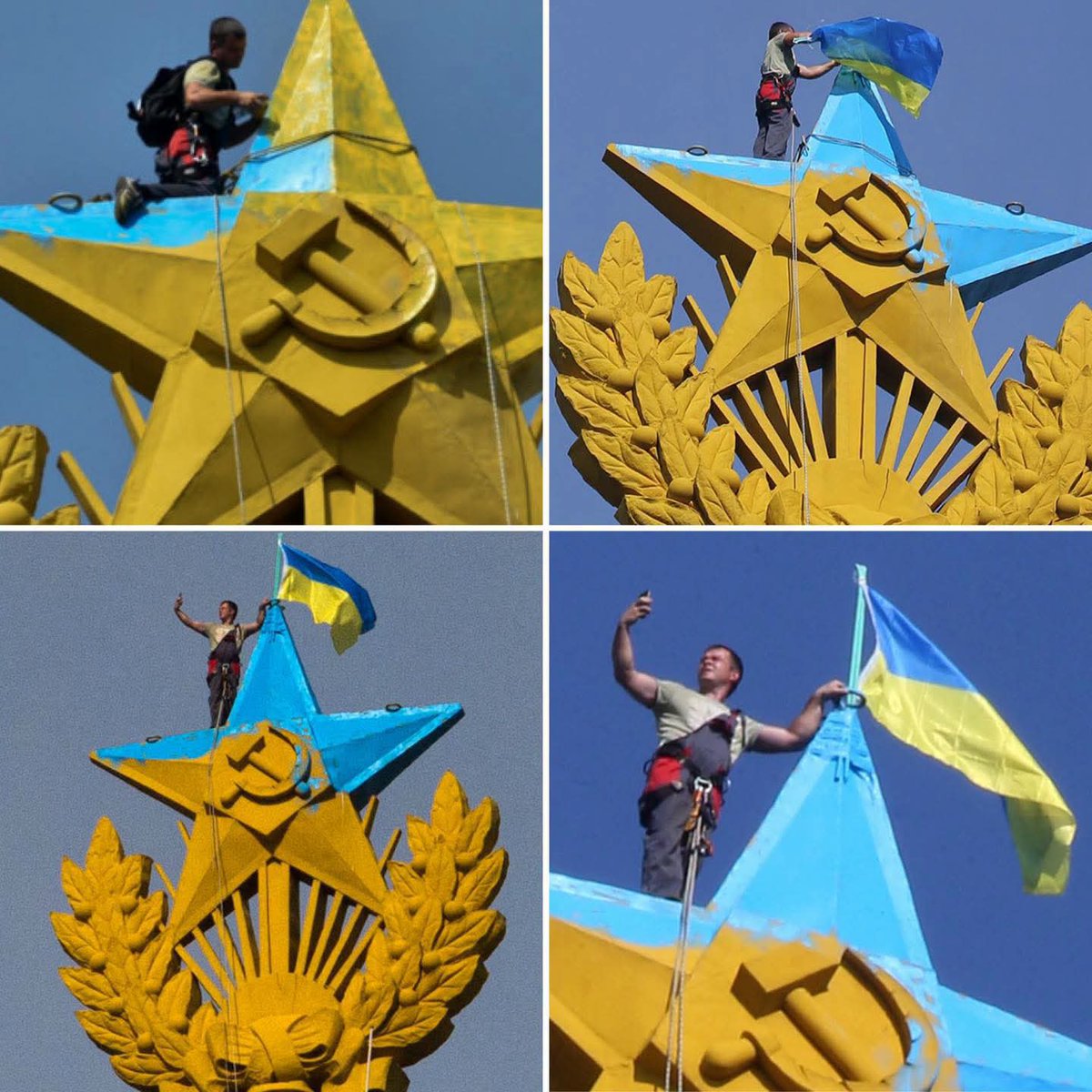 OlenaRohoza's tweet photo. In August 2014, he did what seemed impossible.

As Russia was fueling the war in Donbas, one Ukrainian quietly made his way to the spire of one of Stalin's skyscrapers in the heart of Moscow.

He spent the entire night nearly 180 meters (590 feet) above the ground.

He painted the top of the Soviet star blue, turning it into a blue-and-yellow symbol, and raised a Ukrainian flag above it. In doing so, Pavlo Ushyvets, better known as Mustang Wanted, wished Ukraine a Happy Independence Day and captured the world's attention.

The stunt sparked a major scandal in Moscow. Russian authorities opened a criminal case, arrested several people who had nothing to do with the action, and placed Pavlo on a wanted list. He later publicly stated that he had acted alone to help ensure innocent people would not be punished.

He also sold the exclusive video of the operation to a Russian state propaganda TV channel and donated the proceeds to a Ukrainian volunteer battalion. In the end, Russian propaganda had unknowingly helped fund Ukrainian defenders.

But the most important part came afterward.

Pavlo didn't remain just the hero of a daring stunt. He went on to defend Ukraine with a weapon in his hands. During the full-scale war, he has continued serving in the ranks of the Armed Forces of Ukraine.

Some people deserve to be remembered more often.

Because true legends are not born on television or social media.

They are born where someone has the courage to do what almost no one else would dare.

🇺🇦 If you believe more people should know about Ukrainians like him, share this post.