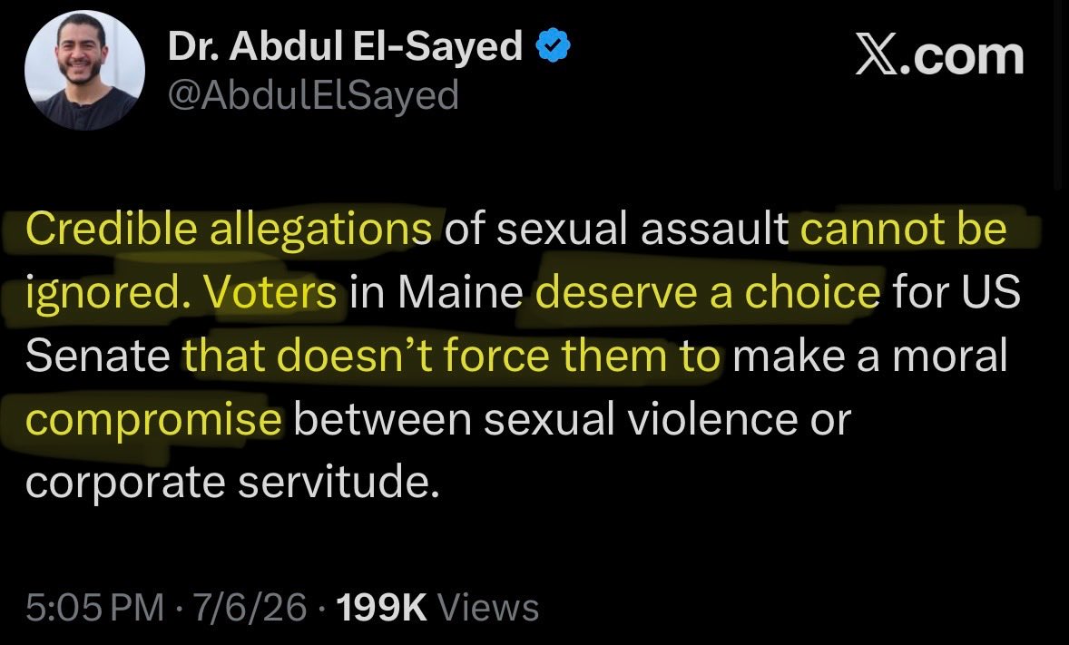 RileyTX's tweet photo. The highlighted text below very clearly communicates that Abdul believes women and that Platner should drop out.

Not beating the illiterate allegations with this one, Bobby Hill. https://t.co/vumjPIMWJD
