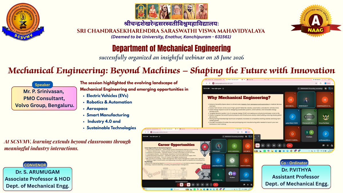SCSVMVDU's tweet photo. The Department of Mechanical Engineering, SCSVMV, successfully conducted the webinar "Mechanical Engineering: Beyond Machines – Shaping the Future with Innovation" 

#SCSVMV #MechanicalEngineering #Innovation #Engineering #FutureReady https://t.co/ApJtWUJI8l