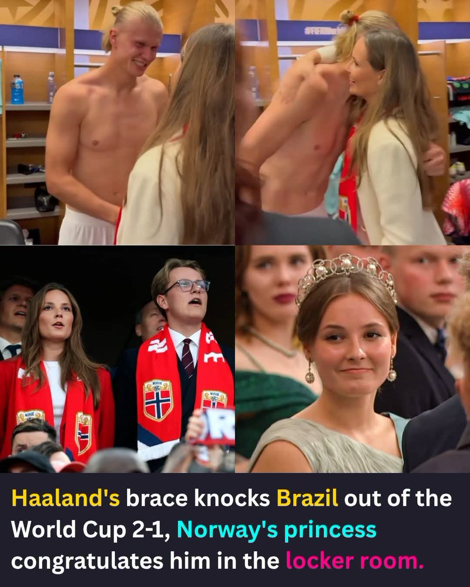 CrazyVibes_1's tweet photo. Erling Haaland just rewrote Norwegian football history. Two goals. One stunning 2-1 upset over five-time champions Brazil. Norway's first-ever World Cup quarterfinal.

But the moment that stole hearts came after the final whistle. Princess Ingrid Alexandra, second in line to the Norwegian throne, walked straight into the locker room to celebrate with the team, hugging a shirtless Haaland mid celebration while her brother Prince Sverre Magnus cheered alongside her.

Her father, Crown Prince Haakon, stayed home in Oslo this time, by his wife's side as she recovers from lung transplant surgery. So it was the future queen who flew to New Jersey to represent the royal family in person, and she made sure the players knew it mattered.

Norway now face the winner of Mexico vs England in Miami on July 11. A nation of 5.4 million just knocked out football royalty. And their actual royalty was there to see it happen.