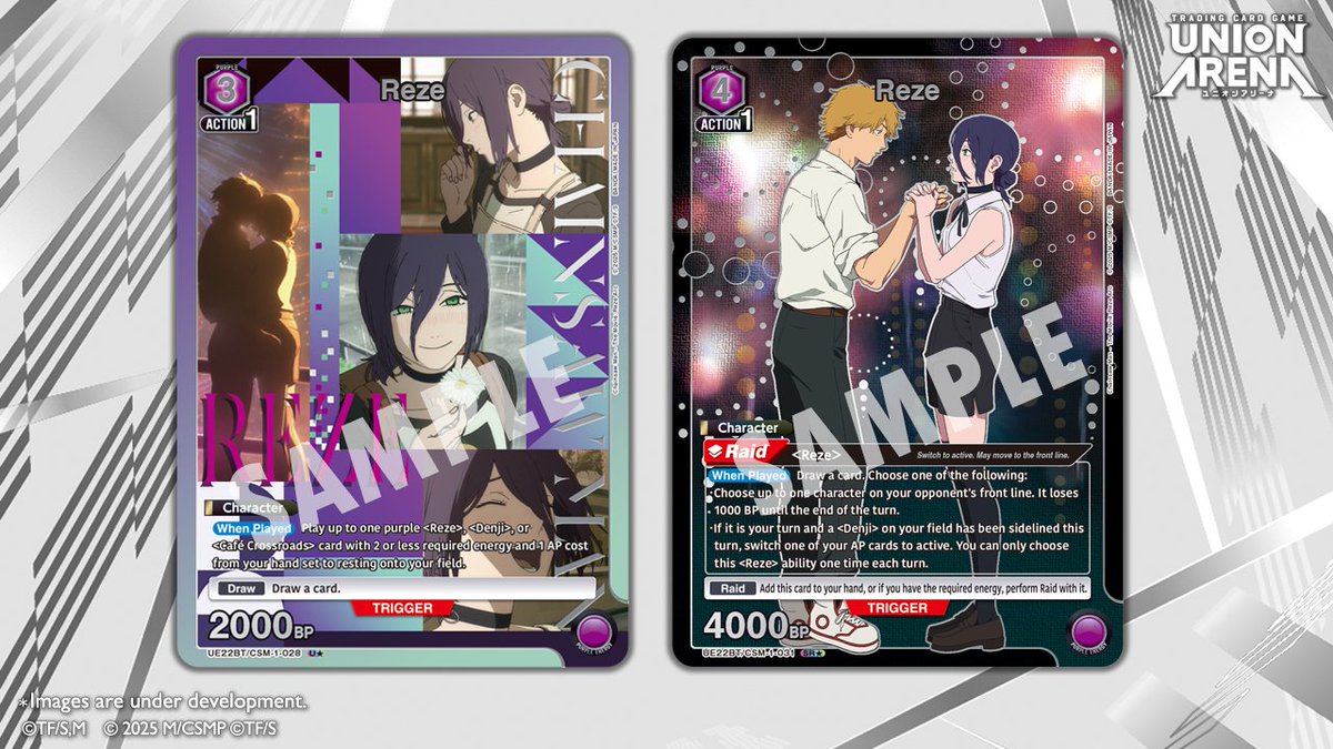 UA_EN_TCG's tweet photo. [Card Reveals]
Check out these cards in the CHAINSAW MAN [UE22BT] Booster Pack, coming Jul. 31! 👀

➡️ Reze - U★
➡️ Reze - SR★ 

Product details here! 👇
https://t.co/erzZUB00SR

#UNIONARENA_EN
#CHAINSAWMAN https://t.co/L6AlLOGPnm