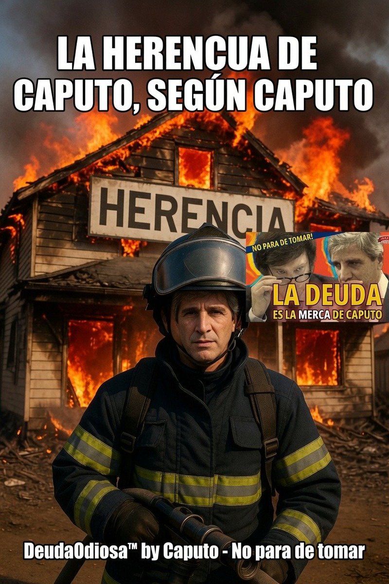 Rearteja's tweet photo. @laderechadiario @FedericoFuriase "LA HERENCIA DE #CAPUTO, SEGÚN @LuisCaputoAR "
Es como el que prende fuego la casa, se va, vuelve 5 años después de bombero... y te dice:_
"Che, qué pesada esta herencia de incendio que me dejaron"@JMilei 
@KGeorgieva @FMInoticias
LOS 3 PASOS #DeudaOdiosa @mauriciomacri https://t.co/hyrNSDtZwm