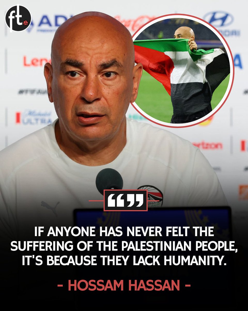 Footballtweet's tweet photo. 🚨🇪🇬 Check out the remarkable speech by the Egyptian head coach, Hossam Hassan on the Palestinian people during his pre-match press conference for the Argentina game: 

🗣️ "If anyone has never felt the suffering of the Palestinian people, it's because they lack humanity.

It's a disgrace for the entire world, not just the Arab world, a disgrace for everyone and, above all, a disgrace for the decision-makers who set human beings aside.

𝗢𝗣𝗣𝗢𝗦𝗘 𝗜𝗧 𝗣𝗟𝗘𝗔𝗦𝗘, 𝗟𝗘𝗧 𝗧𝗛𝗘 𝗣𝗔𝗟𝗘𝗦𝗧𝗜𝗡𝗜𝗔𝗡 𝗣𝗘𝗢𝗣𝗟𝗘 𝗟𝗜𝗩𝗘." 🇵🇸🙏