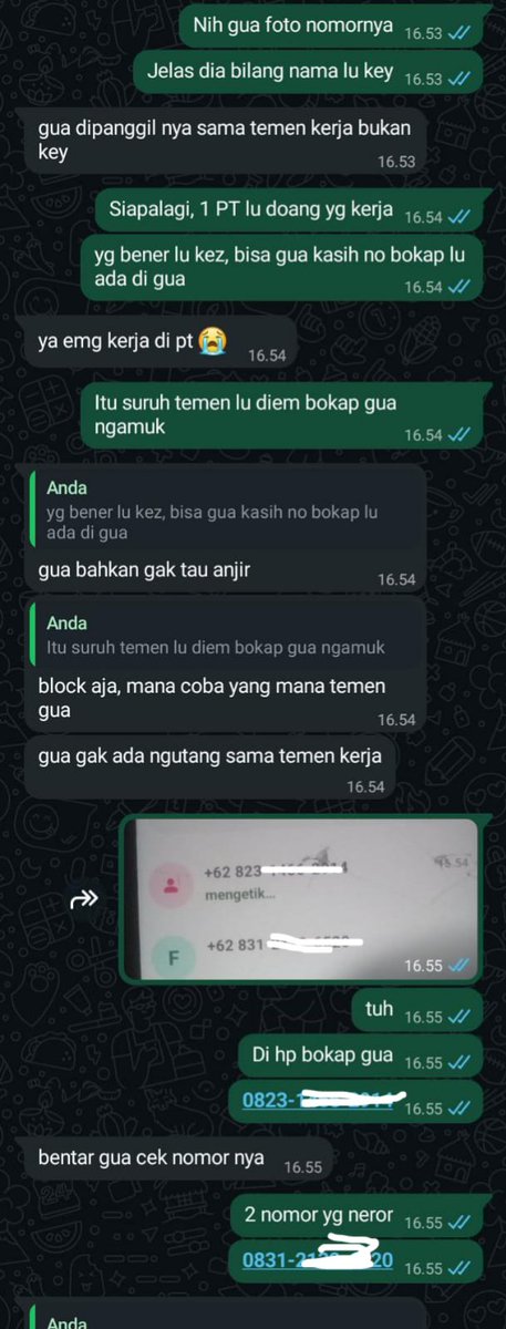 VelaMostc's tweet photo. Part 4 | bapak saya sempet marah ke penagih hutang karena mau disamperin bapak saya, bapak saya yg gak punya hutang ya jelas bingung dan marah tp sy engeh waktu penagih hutang sebut nama pelaku key/Kezia, ini chat saya ke pelaku tp pelaku gak ngaku (maaf bahasanya agak nonformal) https://t.co/E4cU4xewbB