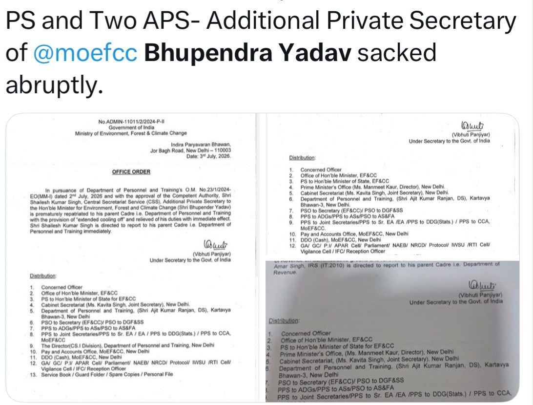 bismil_prasad's tweet photo. If the entire personal staff of a Union Minister is suddenly removed, it is a highly unusual and extraordinary development.
The Private Secretary and two Additional Private Secretaries of Union Minister Bhupendra Yadav @byadavbjp have been removed together.
It is being said that the orders came from the top and they were asked to be removed from their posts immediately.
Does any one know the reason ?