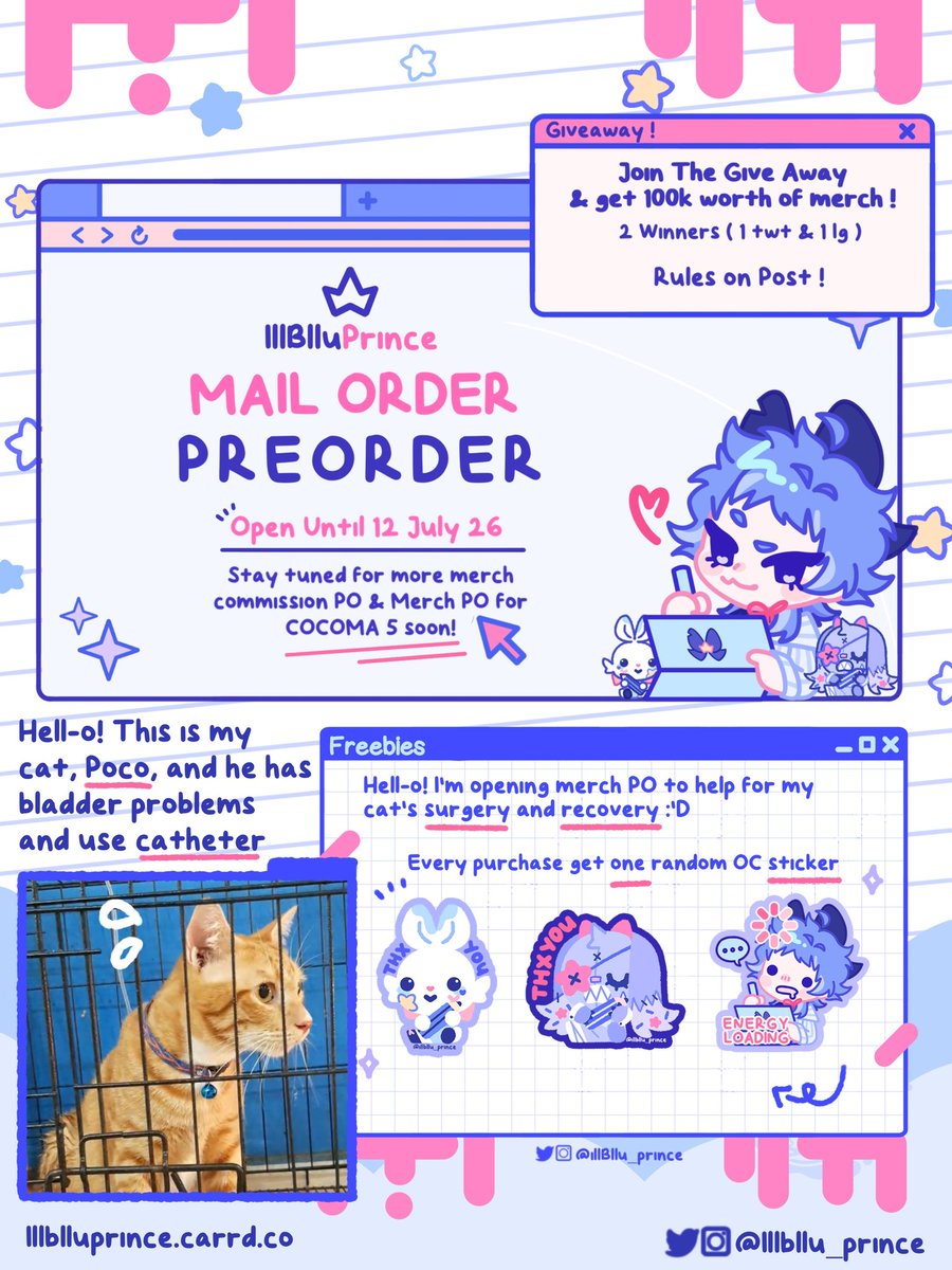 illbllu_prince's tweet photo. 🩵 &amp; 🔁 are Appreciated!
Hell-o, I'm opening Mail PO to help for my cat's surgery and recovery 😿

Sharing helps a lot 🩵

📆Close PO : July 12
✉️ Mail : https://t.co/y4VW9racbi

✨GiveAway
🩵 &amp; 🔁 Share this post
- Tag a friend &amp; tell me what merch u want in the comment https://t.co/mESgm6sAqt