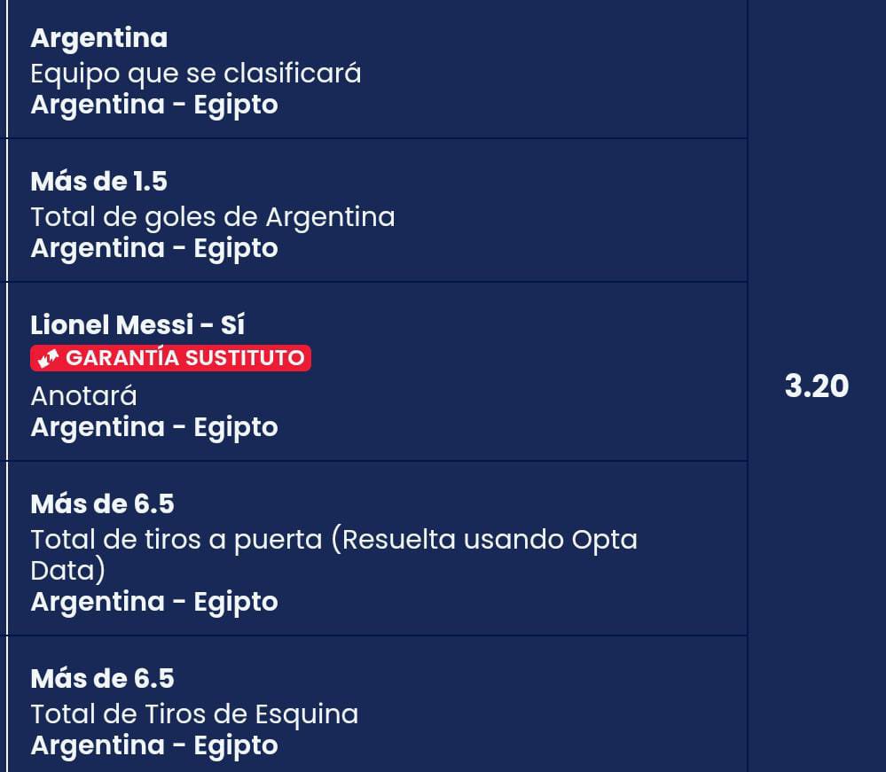MARTIN115363471's tweet photo. Mi pick para Argentina vs Egipto 🇦🇷🆚🇪🇬

✅ Clasifica: Argentina
✅ +1.5 goles de Argentina 
✅ Messi anota ⚽
✅ +6.5 tiros a puerta Argentina
✅ +6.5 tiros de esquina

Cuota combinada: 3.20

¿Se viene verde? 👀
#Argentina #Messi #Pronósticos https://t.co/jDOqDI2BOG