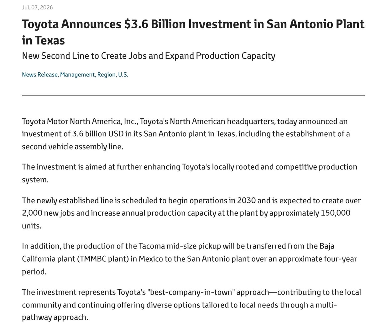 azucenau's tweet photo. 🚨Toyota anuncia la transferencia de la producción de su pickup Tacoma de Baja California a San Antonio, Texas.

Este movimiento representará una inversión de 3,600 mdd de la automotriz en EEUU. https://t.co/tLumL7S1gU