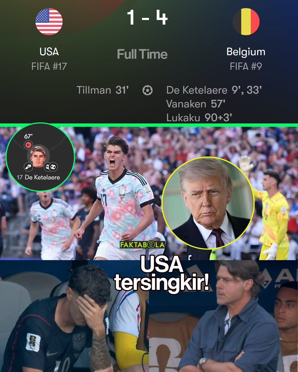 FaktaSepakbola's tweet photo. MANTAPP! 🔥 Finally USA tersingkir dari Piala Dunia, setelah takluk dari Belgia. Mauricio Pochettino menurunkan Folarin Balogun, namun ia tak berkutik di laga ini.

Charles De Ketelaere memasak dengan 2 gol + 1 assist. Ditutup dengan gol Romelu Lukaku https://t.co/bR6q5b0T8n