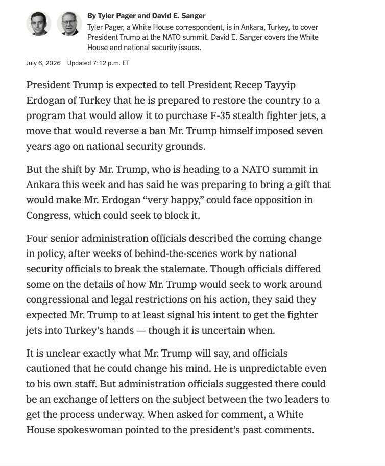 AnkaraIntel's tweet photo. NYTimes: Trump, Türkiye’ye F-35 satışına onay vermek üzere.

ABD’li yetkiliye göre S-400, 3. bir ülkeye gidebilir.

https://t.co/LKmPCzMfou https://t.co/nS2RsR06wN