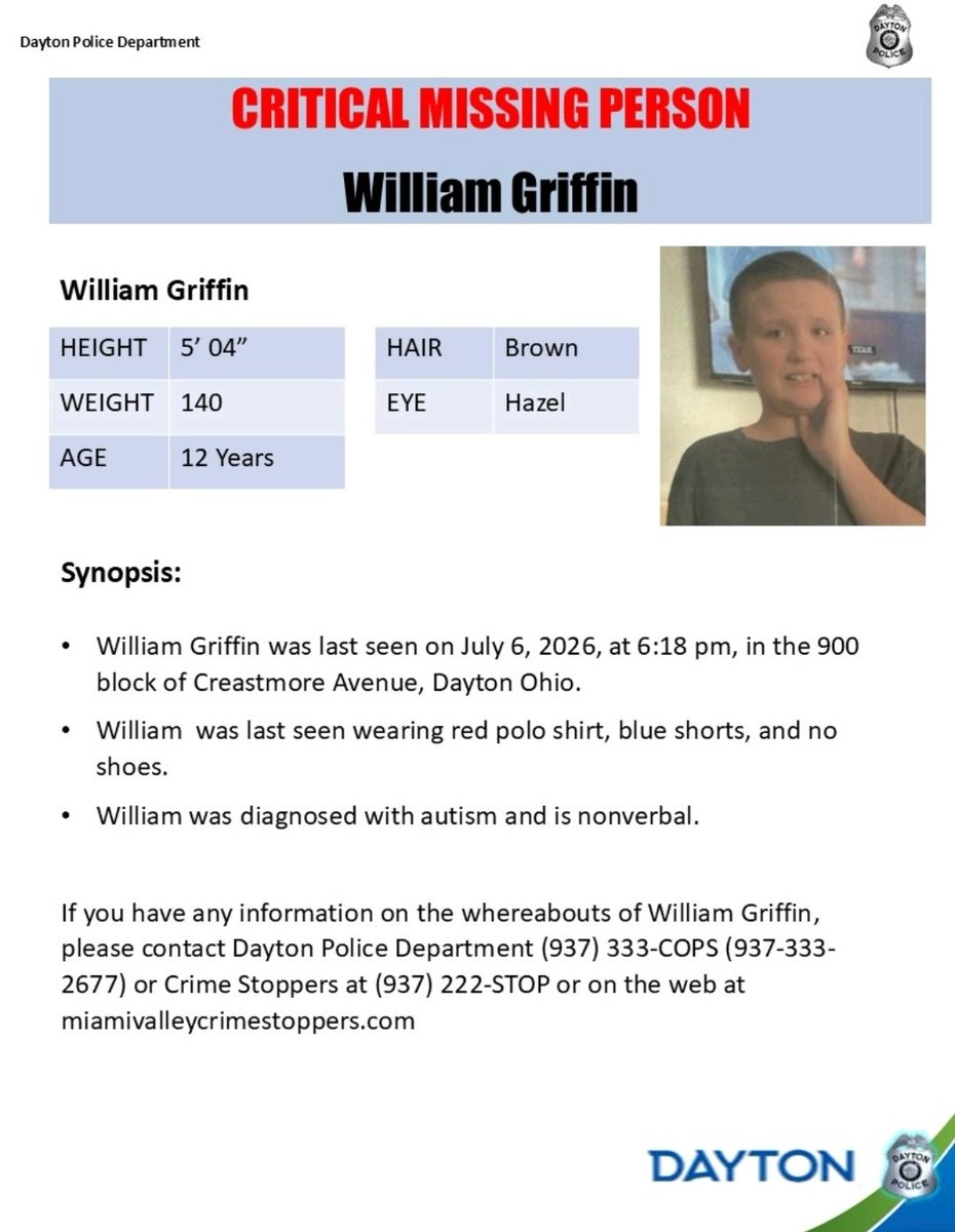 DaytonPolice's tweet photo. The Dayton Police Department is asking for help locating a missing 12-year-old.

William Griffin has been diagnosed with autism and is nonverbal.

If you have any information on the whereabouts of William call DPD (937) 333-COPS (2677) https://t.co/FFCRqUxwKZ