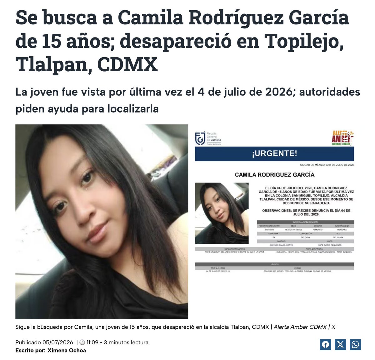 ReporteMxNotic1's tweet photo. Se busca a Camila Rodríguez García de 15 años; desapareció en Topilejo, Tlalpan, CDMX
#NiUnaMás #NiUnaMenos @FiscaliaCDMX @FGRMexico @SSPCMexico
https://t.co/AQMYvGmL08 https://t.co/V849ny316V