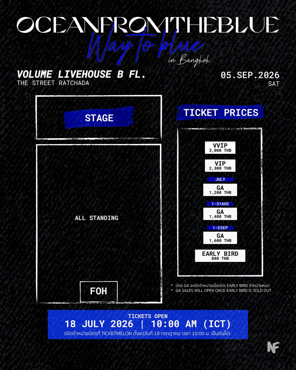 NF_ent_'s tweet photo. ประกาศขายบัตรแล้ว! 💙
oceanfromtheblue – Way To Blue in Bangkok
📅 5 กันยายน 2026 (วันเสาร์)
📍 Volume Livehouse
🗓️ เปิดขาย 18 กรกฎาคม เวลา 10:00 น. ทาง TicketMelon
ตั้งนาฬิกาไว้เลย! 🐠🇹🇭
#WayToBlue #oceanfromtheblue #WayToBlueinBKK #NFEntertainment https://t.co/5iCbDuJ2Lr