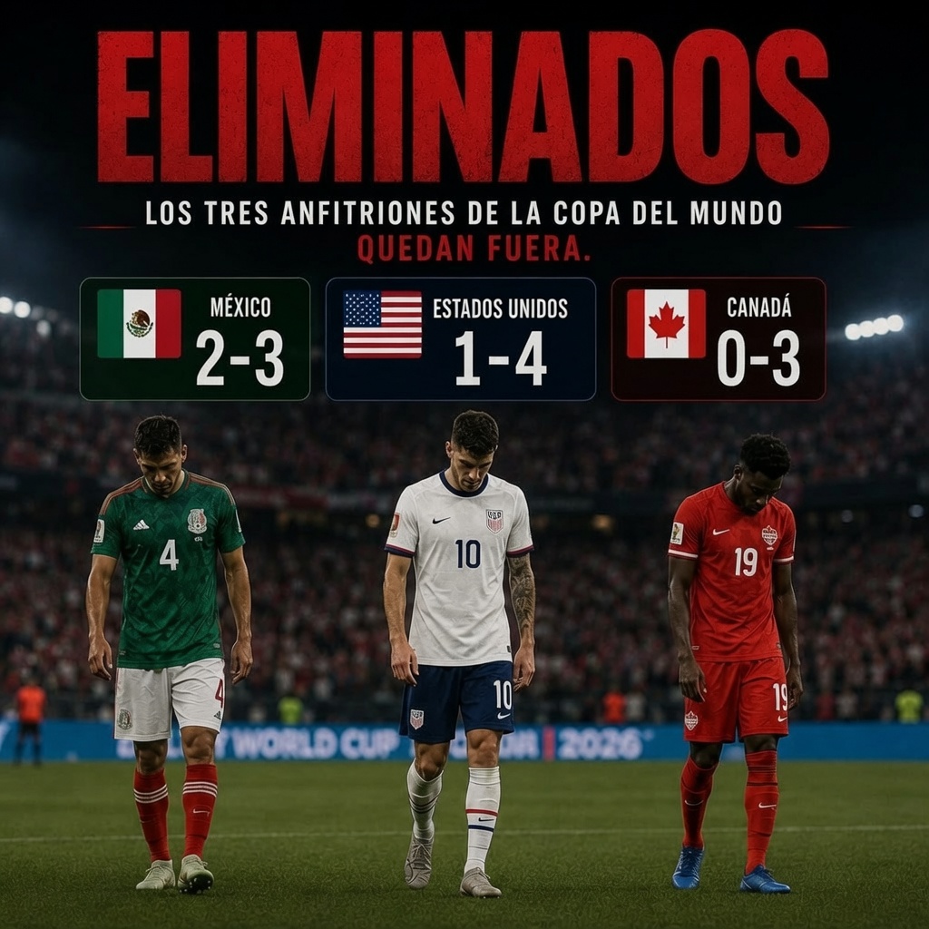 EnsedeCiencia's tweet photo. ⚽🔥Ha caído el último anfitrión del Mundial 2026 🇺🇸

Desde hoy, los tres países organizadores del torneo quedan fuera de la competencia.
México cayó derrotado 2-3, Estados Unidos perdió por 1-4 ante Bélgica y Canadá fue goleado 0-3.
Mientras otros países siguen soñando con el título, los países que debían ser los grandes protagonistas del torneo ya han quedado fuera del camino.