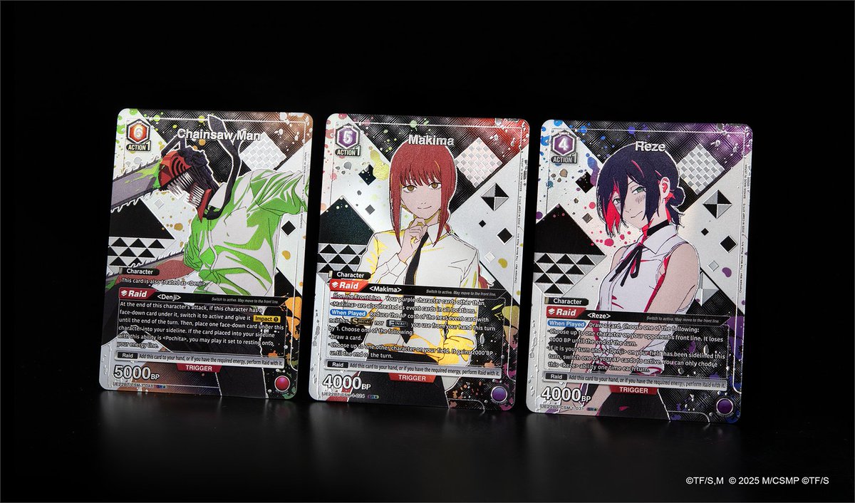 UA_EN_TCG's tweet photo. [Card Reveals]
Check out this photo of rare alt-art cards in the Box Topper for CHAINSAW MAN [UE22BT] Booster Pack, coming Jul. 31! 👀

➡️ Chainsaw Man - SR★
➡️ Makima - SR★
➡️ Reze - SR★ 

Product details here! 👇
https://t.co/erzZUB0yIp

#UNIONARENA_EN
#CHAINSAWMAN https://t.co/tH6vPYpEEJ
