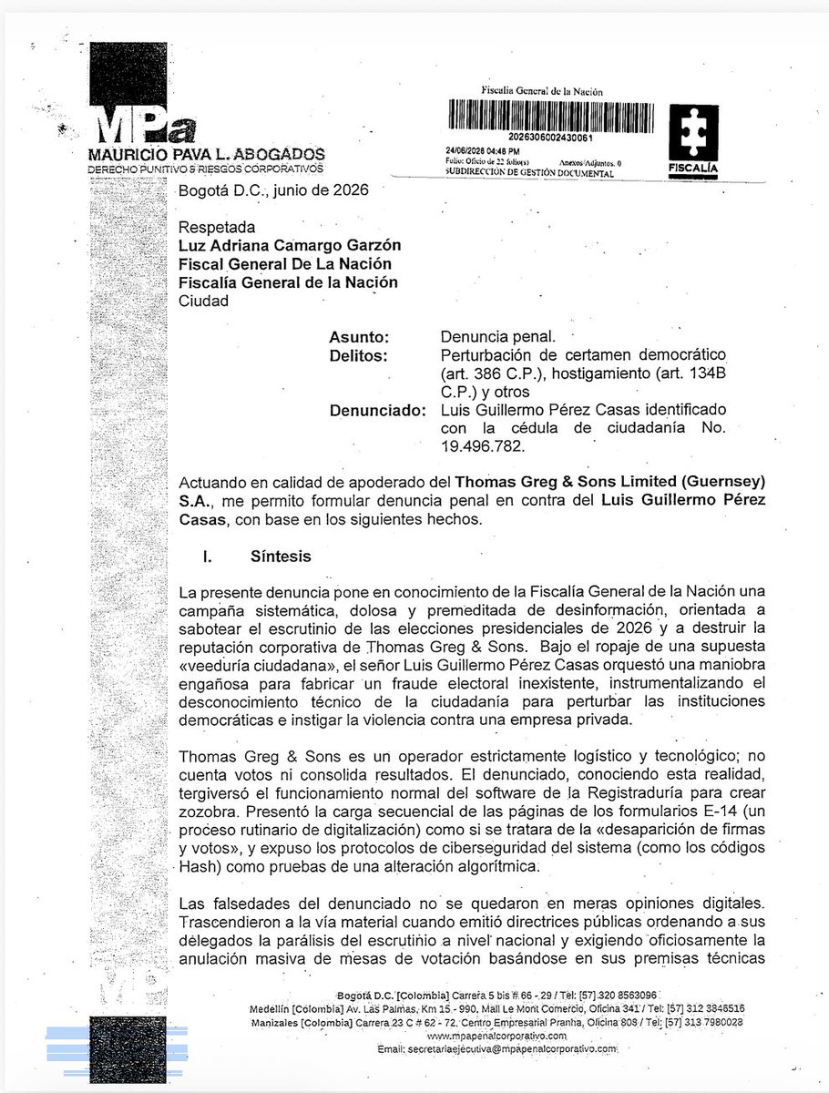 Melquisedec70's tweet photo. Atentos. Además de la denuncia penal que radicó la compañía Thomas Greg contra el abogado @LuisGPerezCasas por perturbación de certamen democrático, hostigamiento, calumnia, injuria y otros delitos, habrá queja disciplinaria por abuso del derecho por acciones temerarias. https://t.co/VwlYzeSXKU